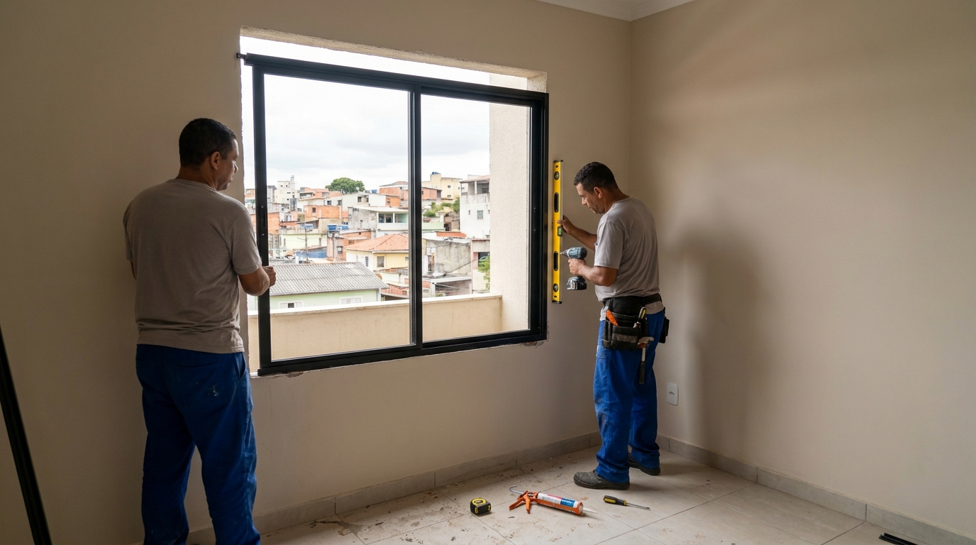 Esquadria de alumínio em quarto bege em Jaraguá do Sul-SC