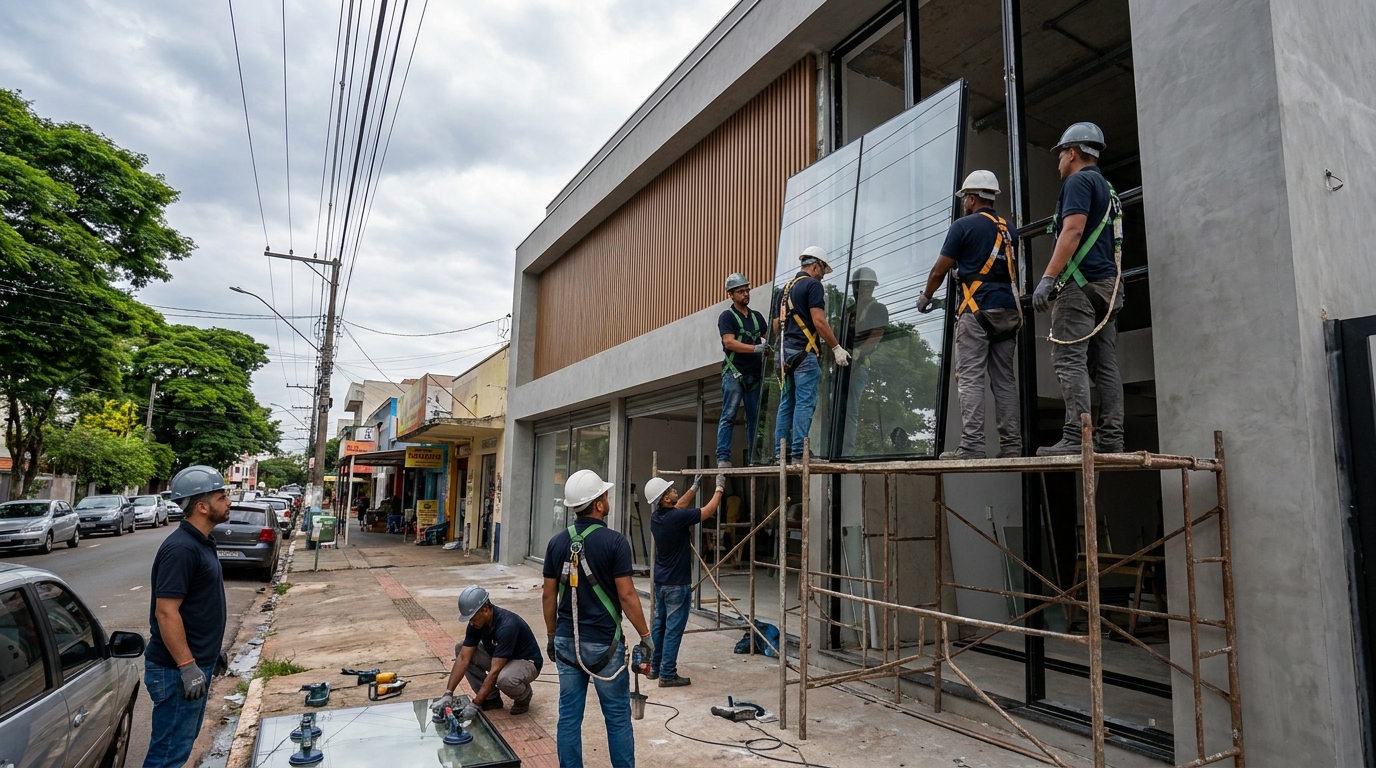 Fachada de vidro com andaime lateral em Jaraguá do Sul-SC